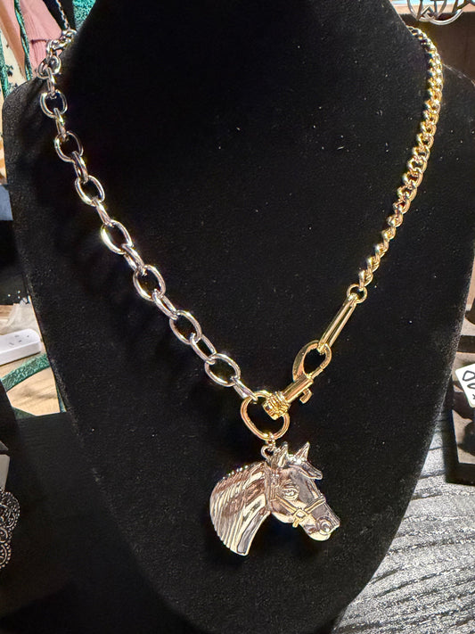 Two Toned Plated Necklace with Horse Pendant