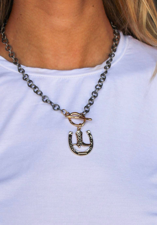 Two Tone Chain Necklace w/Horseshoe Pendant