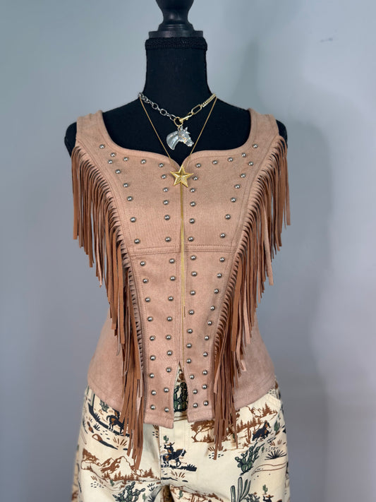 FRINGE STUDDED SUEDE BLOUSE