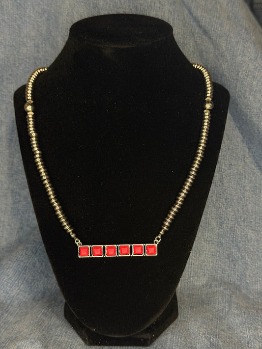 Silver Disc Beaded Necklace w/ Red Stone Square Bar