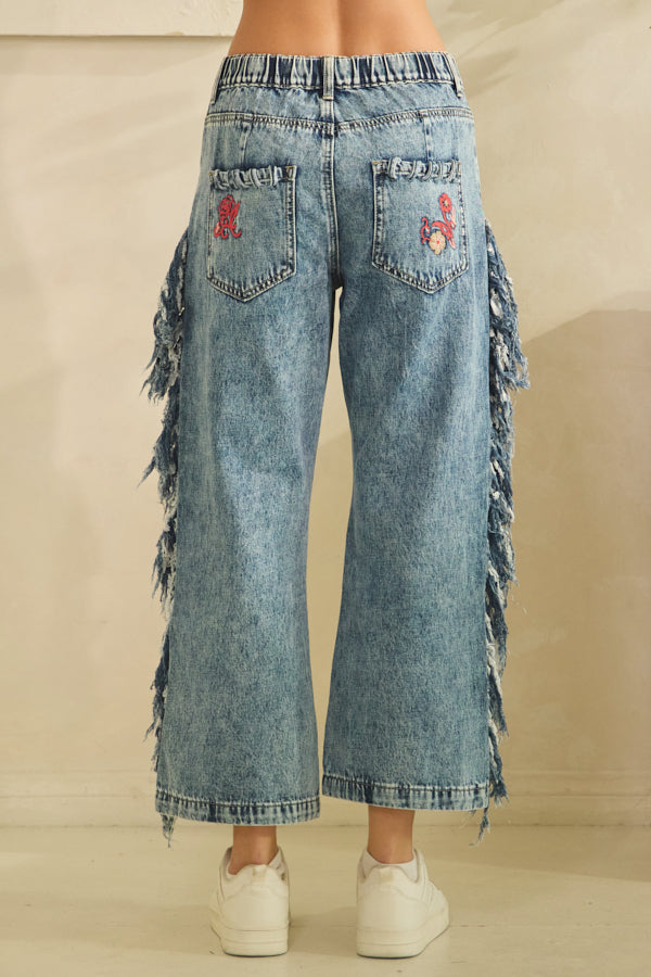 PINK FLORAL FRINGE DENIM