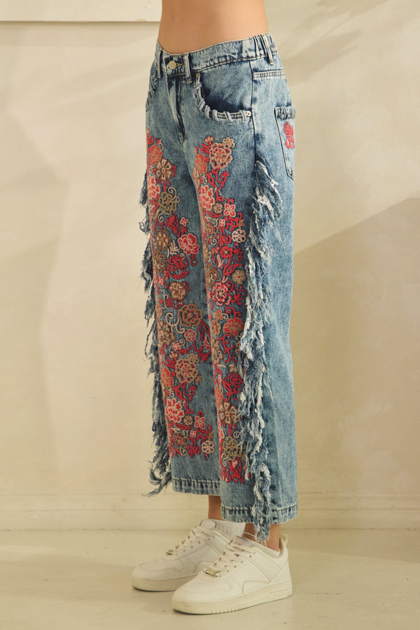 PINK FLORAL FRINGE DENIM