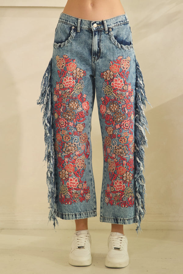 PINK FLORAL FRINGE DENIM