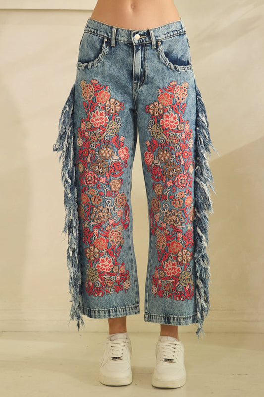 PINK FLORAL FRINGE DENIM
