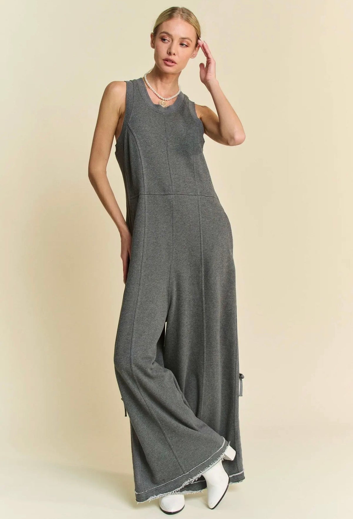 Ribbed Contrast Ruched Side Seam French Jumpsuit