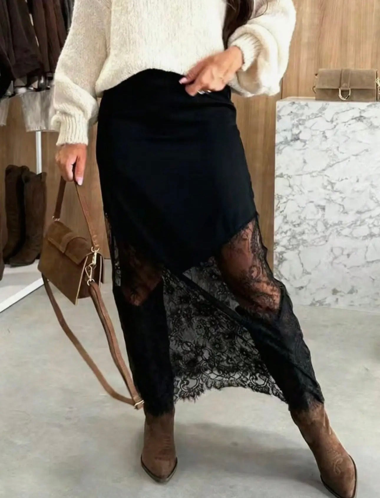SATIN LACE MIDI SKIRT