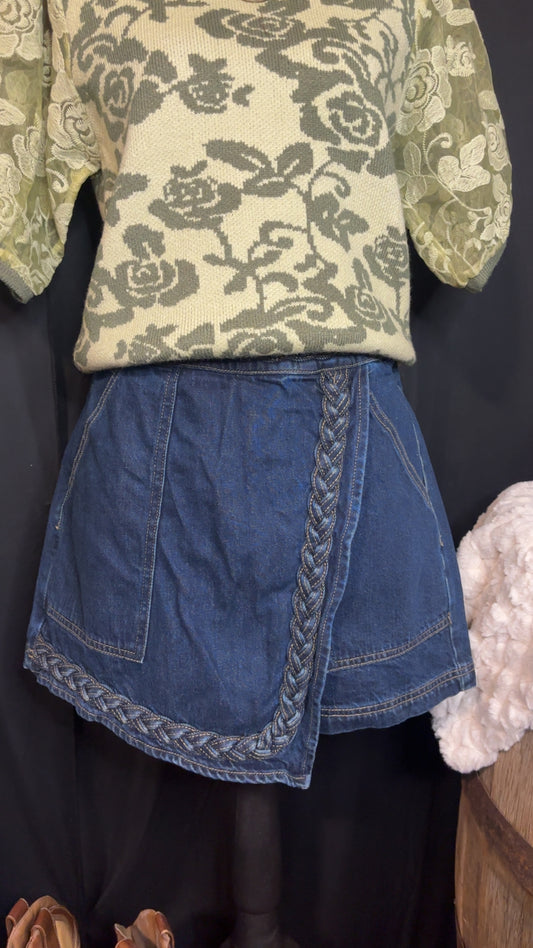 BRAIDED DENIM SKORT