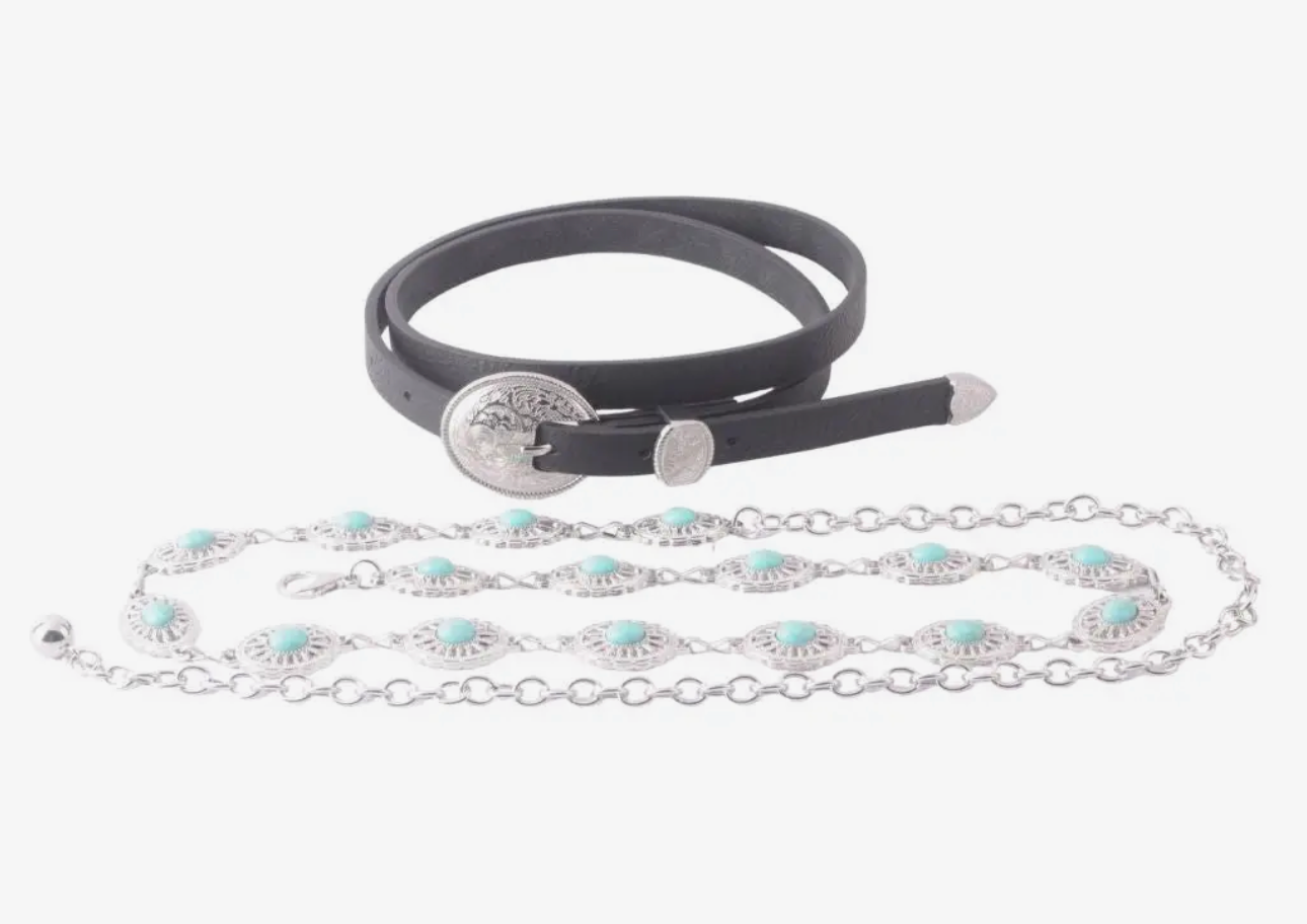 BLACK WESTERN + SILVER CONCHO BELTS : TWO PIECE SET