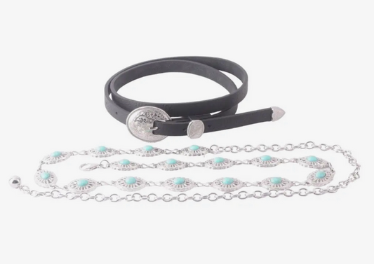BLACK WESTERN + SILVER CONCHO BELTS : TWO PIECE SET