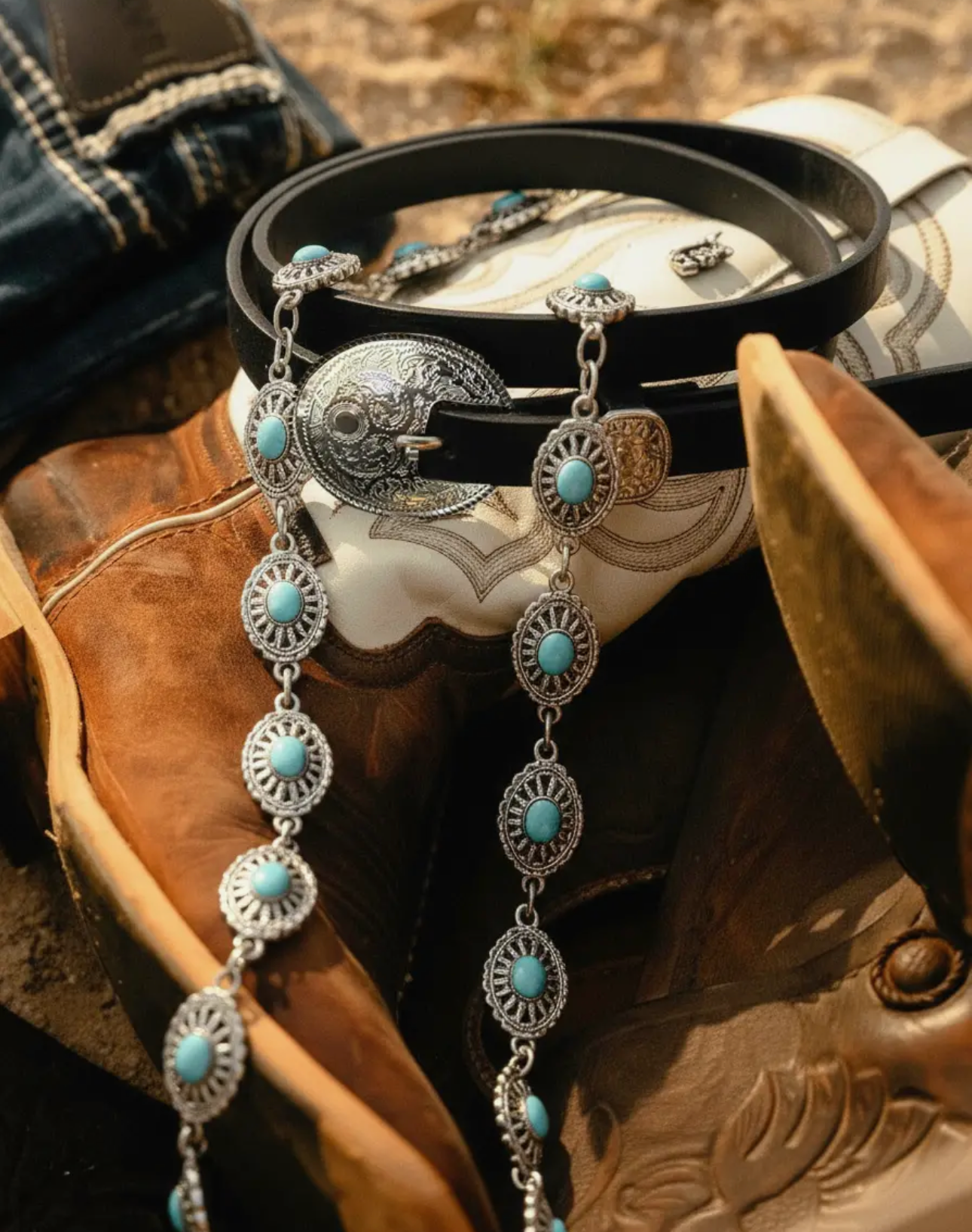BLACK WESTERN + SILVER CONCHO BELTS : TWO PIECE SET