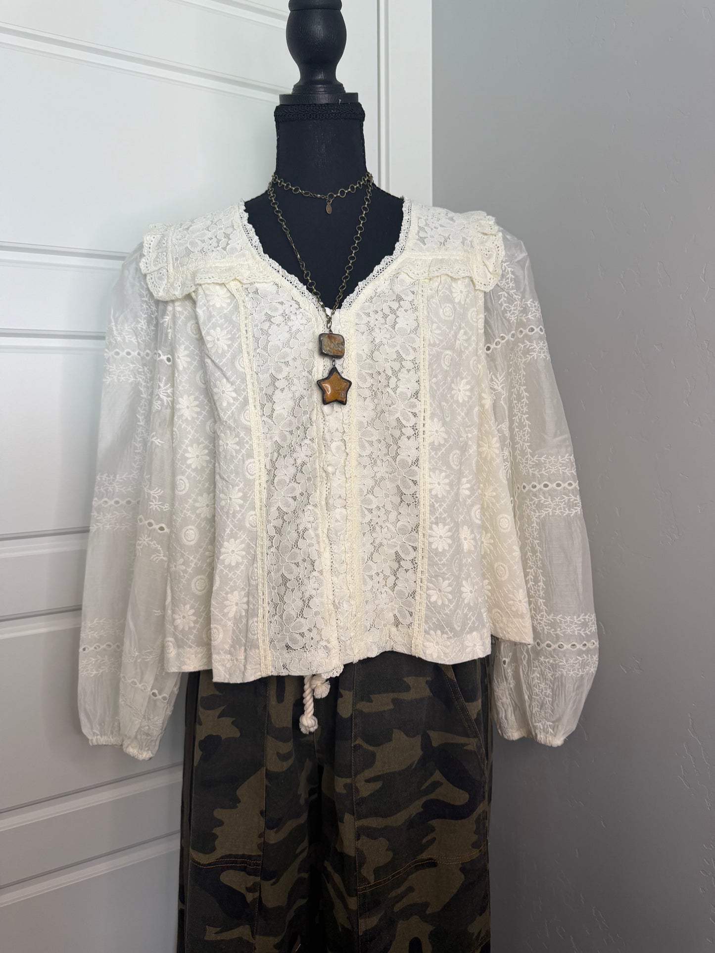 Cream Lace Button Blouse