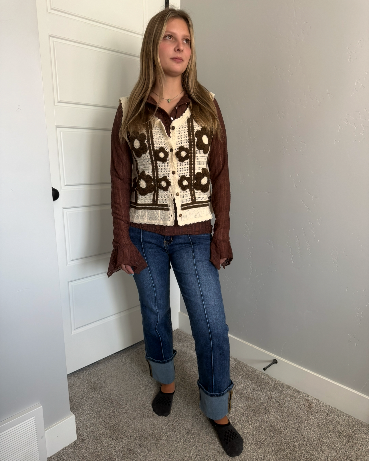 Cream Crochet Chocolate Floral Vest