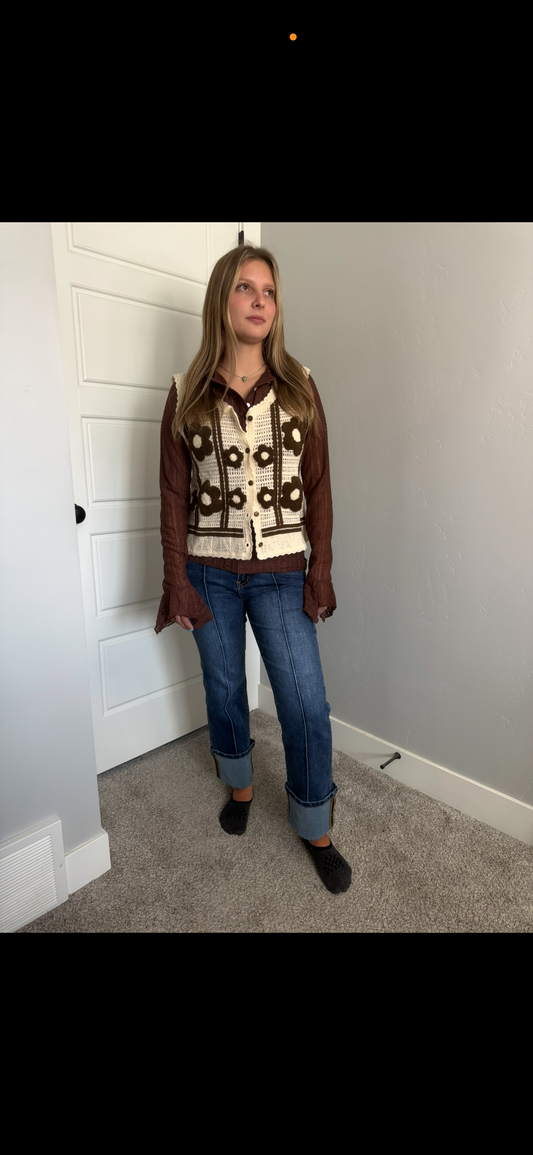 Cream Crochet Chocolate Floral Vest