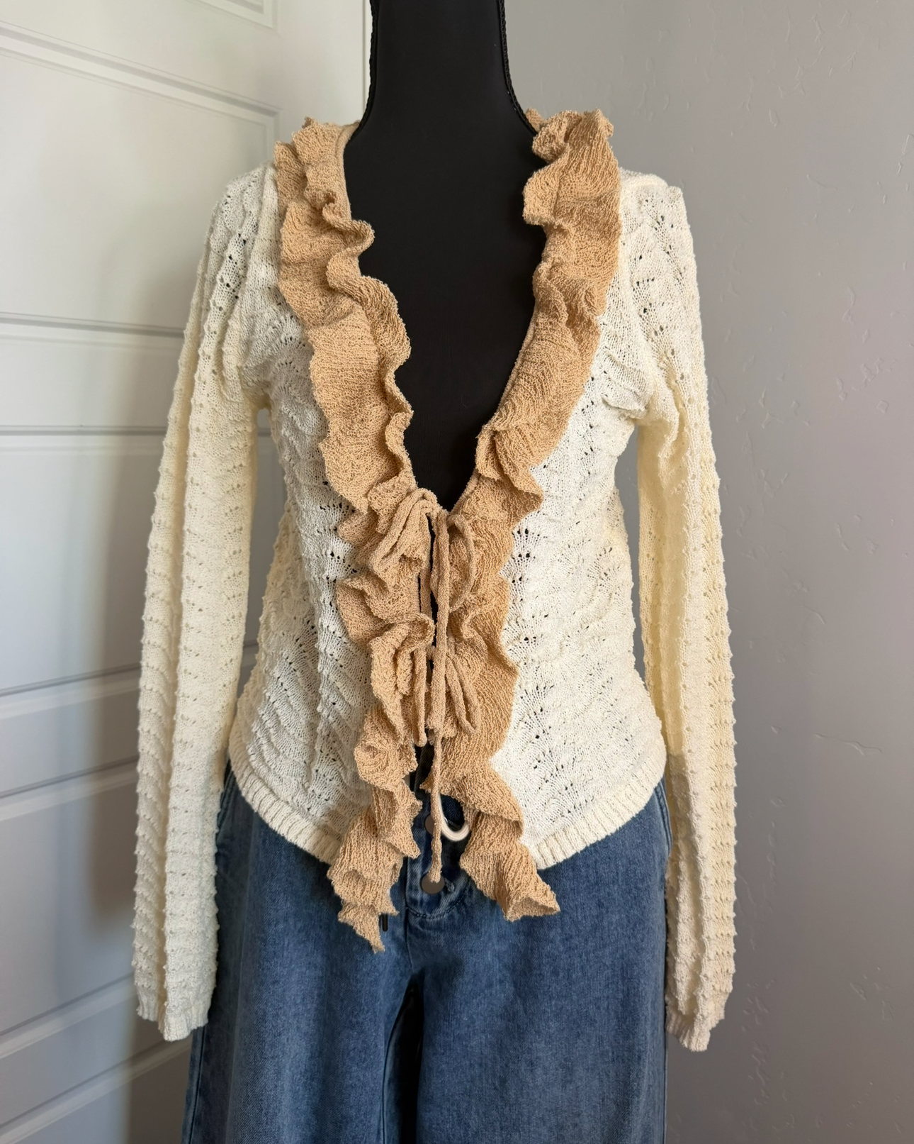 Cream Crochet Ruffle Cardigan